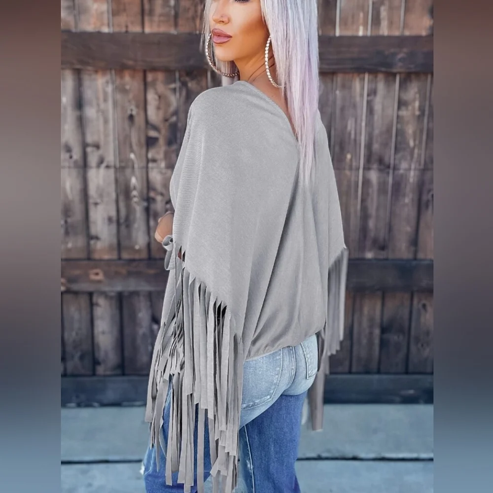 NWT Gray Fringe Poncho Top
